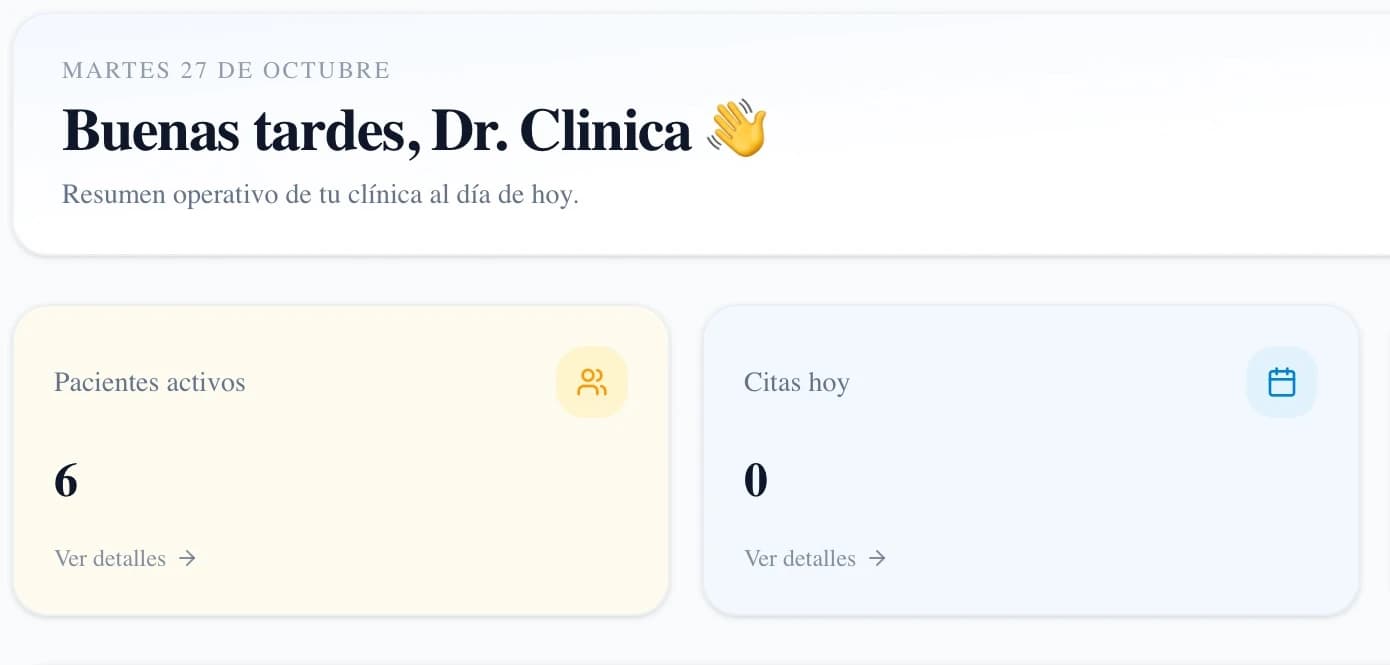 Vista real del tablero de MiDentalApp en una clínica de demostración, con resumen de pacientes y citas